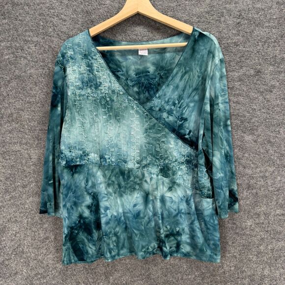 Bobbie Brooks Blouse Women 3X Plus Blue Colorblock V-Neck Long Sleeve Casual - Picture 1 of 6